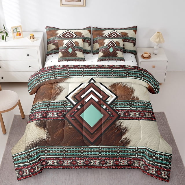 Geometry Aztec Bed in a Bag Queen Comforter Set 7 Piece Farm Animals Cowhide Bedding Sets,Southwestern Sheet Set with Comforter Geometric Diamond Bed Set,Cowboy Western Home Decor