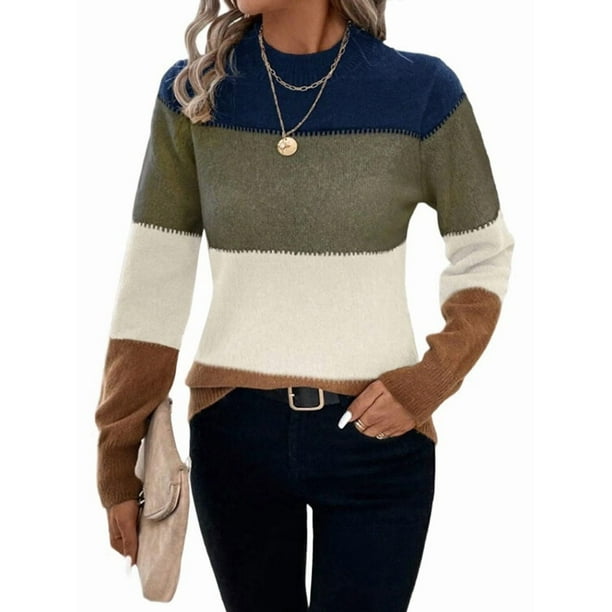 Suéteres de Bloque de Color para Mujer, Blusas de Larga con Cuello Alto, Suéter de Punto Holgado. Albaricoque L