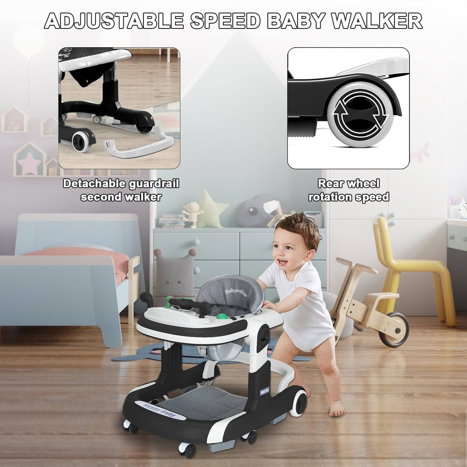 HAOUUCYIN 5-in-1 Baby Walker with Foot Pads/Handles for Girls Boys, Black