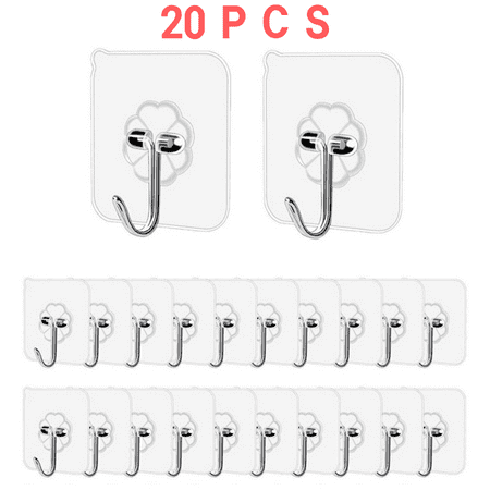 

20Pack Wall Hooks 33lb(MAX)/15 kg Heavy Duty Self Adhesive Hooks Waterproof and Oilproof Transparent Reusable Seamless Hooks Strong Suitable for Bathroom Kitchen