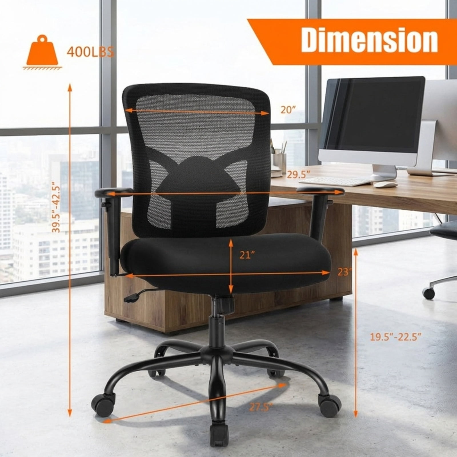 Furnibear Big and Tall Mesh Office Chair 400 lbs High Back Ergonomic Task Chair with Adjustable Lumbar Support, Computer Chair for Home Office, Black