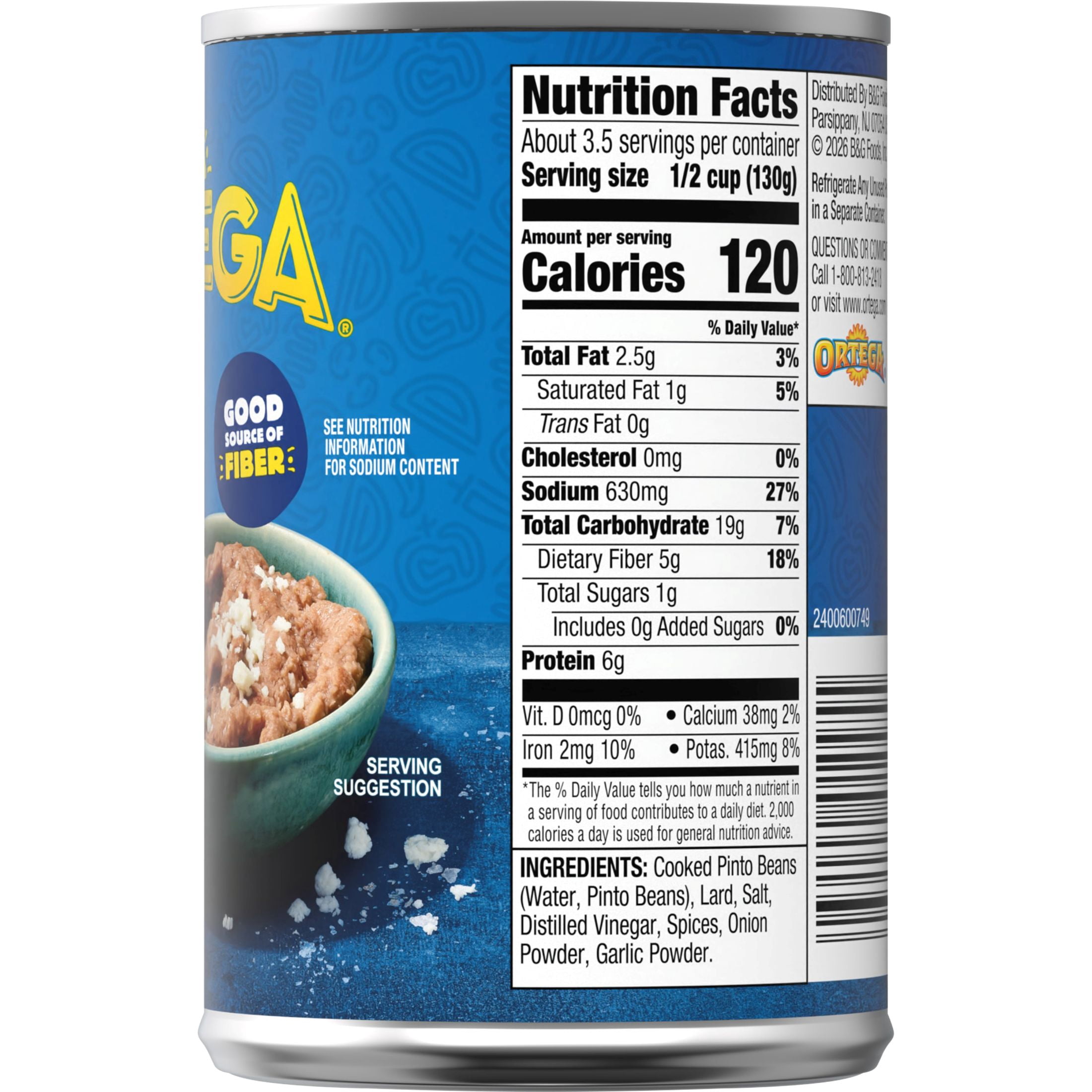 (6 pack) Ortega Traditional Refried Pinto Beans, Gluten Free, 16 oz (Canned)