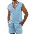 thumbnail image 3 of VBTAPA Mens Summer Casual Beach Outfits 2 Piece Sleeveless Button Down Shirts and Shorts Set Hawaiian Matching Sets with Pockets Sky Blue L, 3 of 10