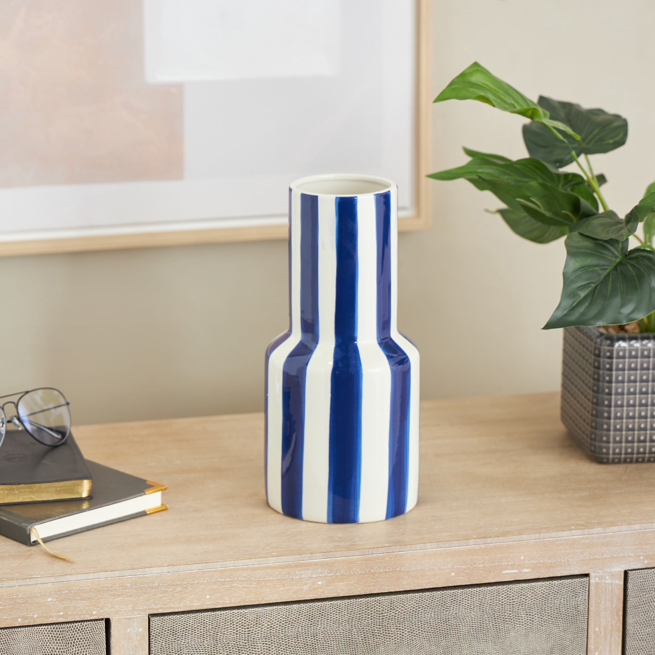 DecMode 11" Round Blue Ceramic Vase with White Vertical Stripes