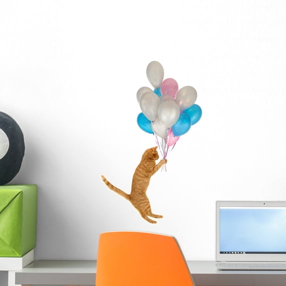 Flying Balloon Cat Wall Decal by Wallmonkeys Peel and Stick Graphic (18 in H x 11 in W) WM203910