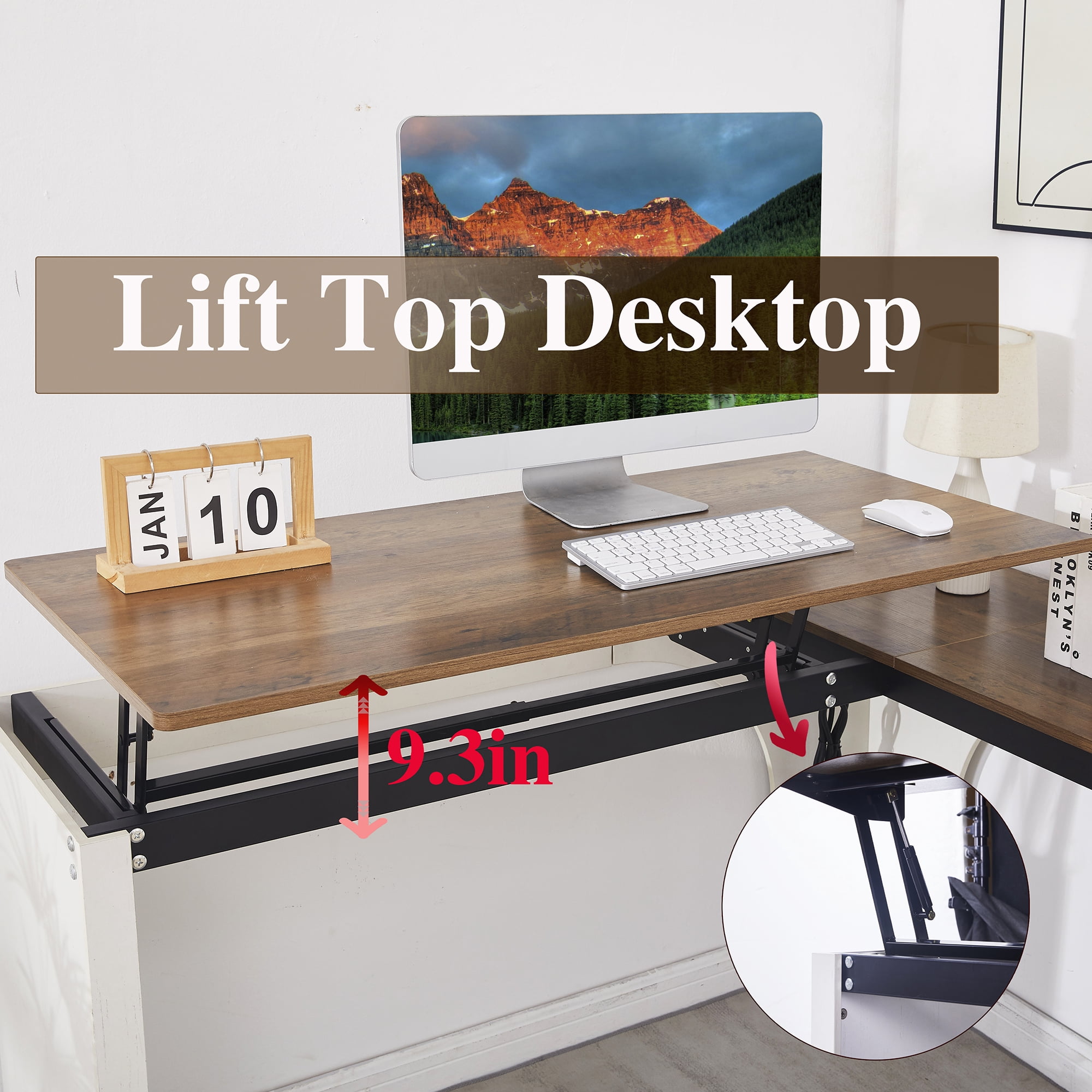 Haooyeah Lift Top L-Shaped Standing Desk with Power Outlet, Sit-Stand Corner Computer Desk with Drawers, Lockable File Cabinet & Monitor Stand, White