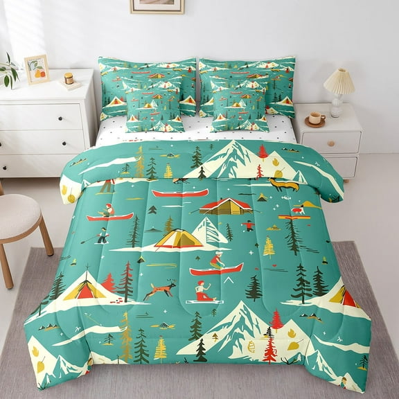 Erosebridal Camper Theme 7 Piece Comforter Set Twin Bed in a Bag,Happy Camping Bedding Set,Travel Car Rv Accessories Down Comforter,Botanical Flowers Mountain adventure Quilt,Cute Camper Sheets