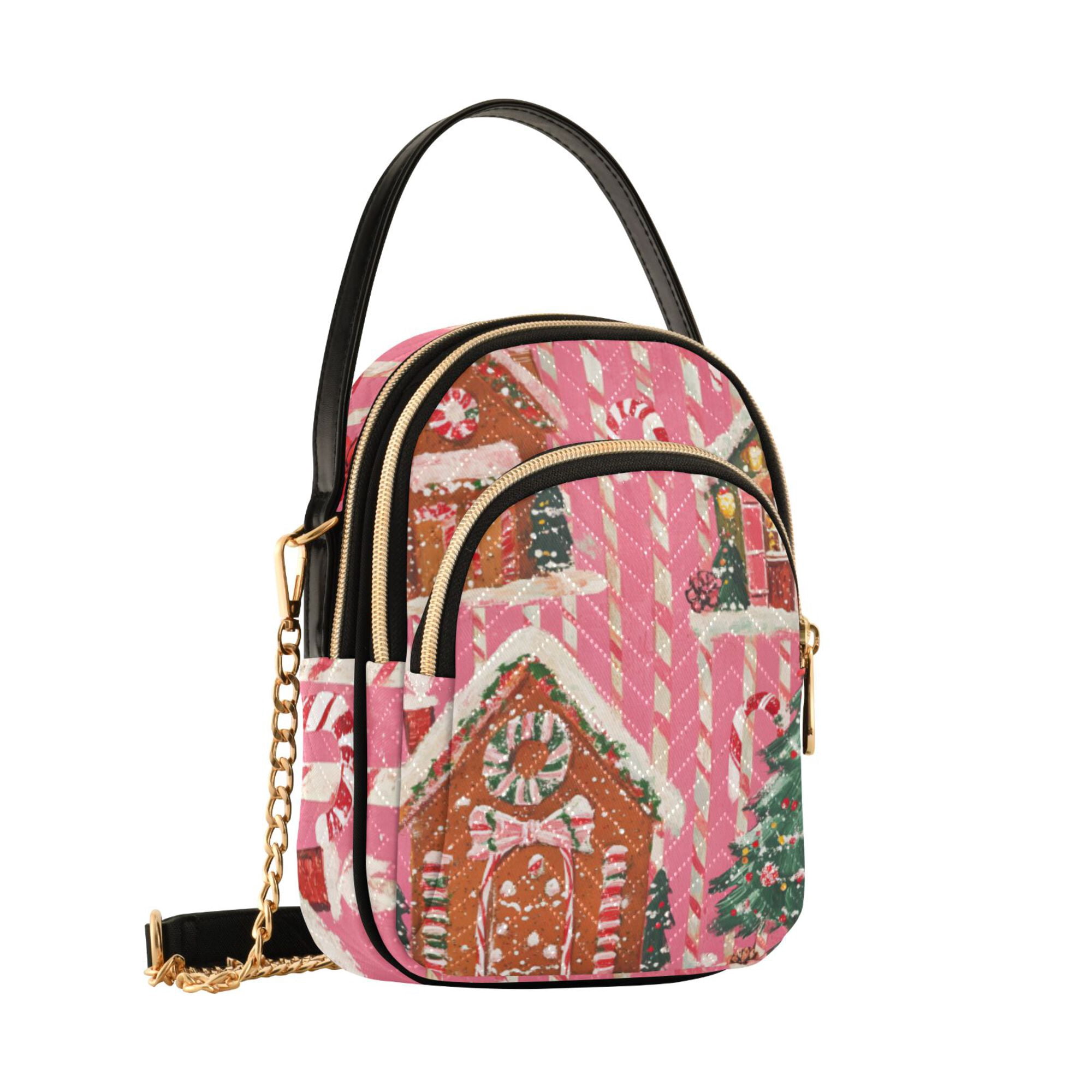FORMRS Crossbody Bag for Women Quilted Travel Shoulder Cell Phone Purse with Chain Strap Handbag, Brown Gingerbread Houses
