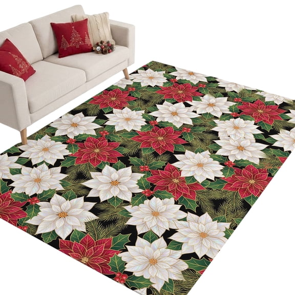 Christmas Floral Washable Area Rug 8 x 10 ft Cottagecore Red White Poinsettia Leaves Soft Non‑Slip Rugs Stain Repellent Indoor Mats for Open Concept Home, Dining Space, Basement Lounge