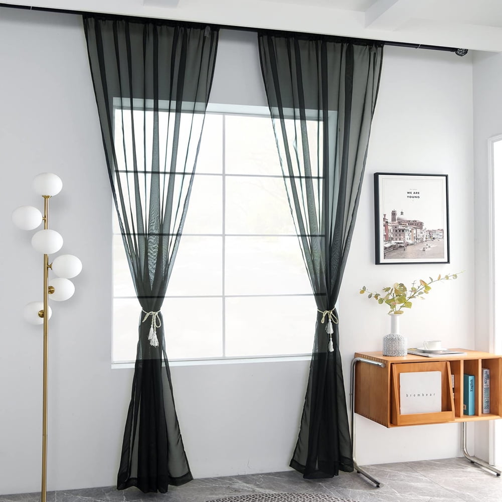 Window Sheer Curtains Black Curtains Clear Curtains Basic Rod Pocket Panel for Kitchen Bedroom Children Living Room Yard(55" X 95", Black)