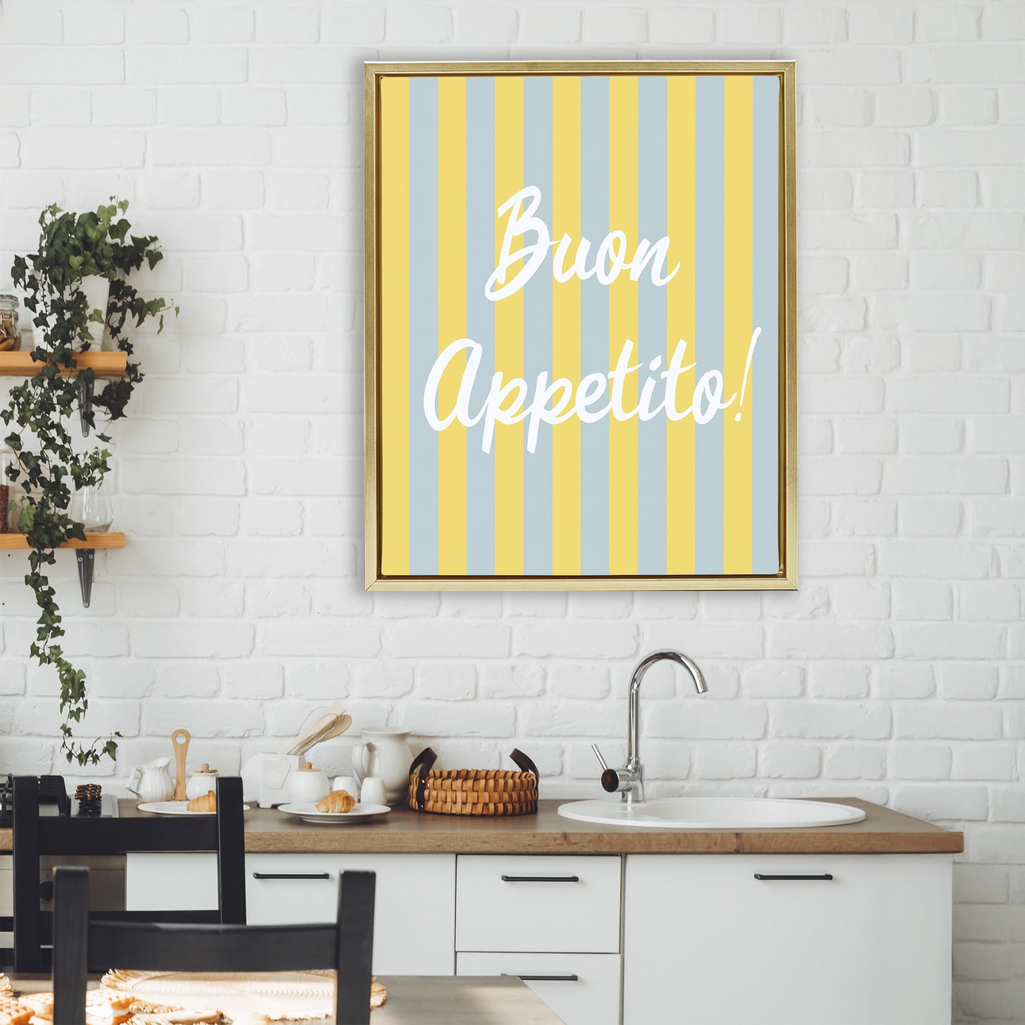 Stupell Industries Buon Appetito Blue Yellow Stripes Gold Framed Floater Canvas Wall Art, design by SD Graphics Studio