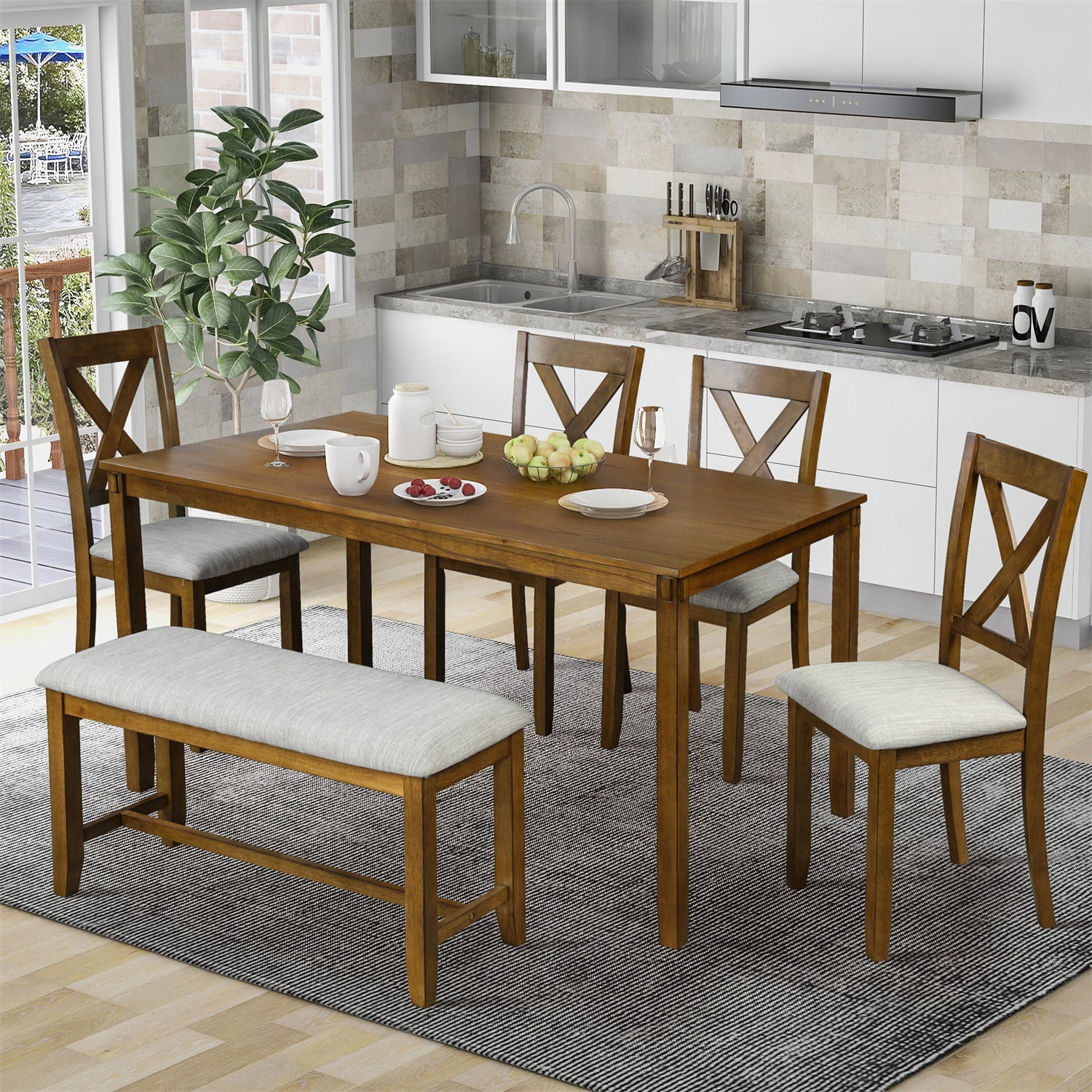 Kadyn Rectangular Dining Table Set 6 Pc, Wooden Modern Dining Chairs Seat, 6-piece Kitchen Dining Table Set Dining Table, 4 Dining Chairs and Bench, Brown Kadyn Rectangular Dining Table Set 6 Pc, Wooden Modern Dining Chairs Seat, 6-piece Kitchen Dining Table Set Dining Table, 4 Dining Chairs and Bench, Brown