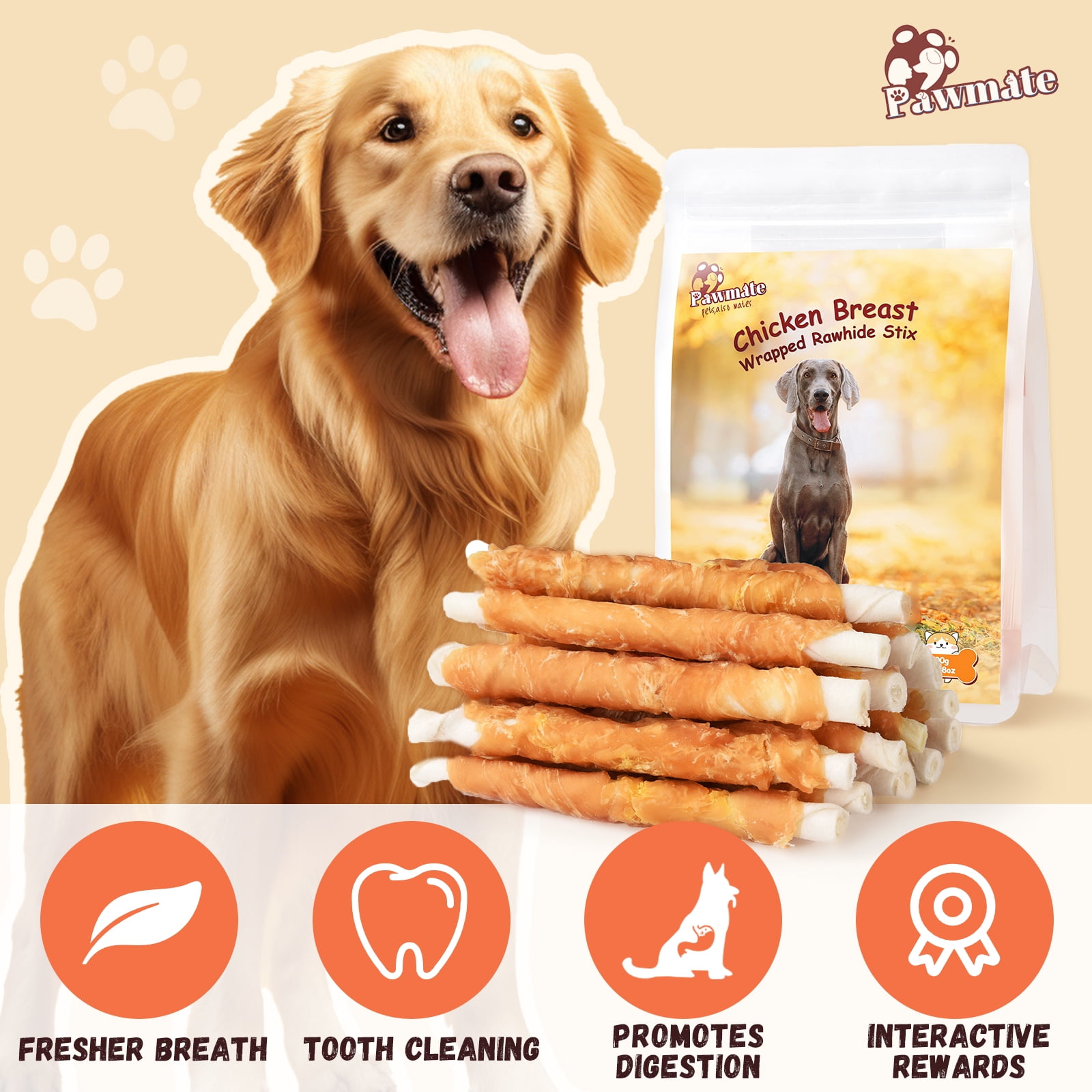 (2 pack) Pawmate Rawhide Dog Treats, Chicken Wrapped Rawhide Sticks, 5 Inch Long Lasting Chewy for All Dogs, 20ct Packet