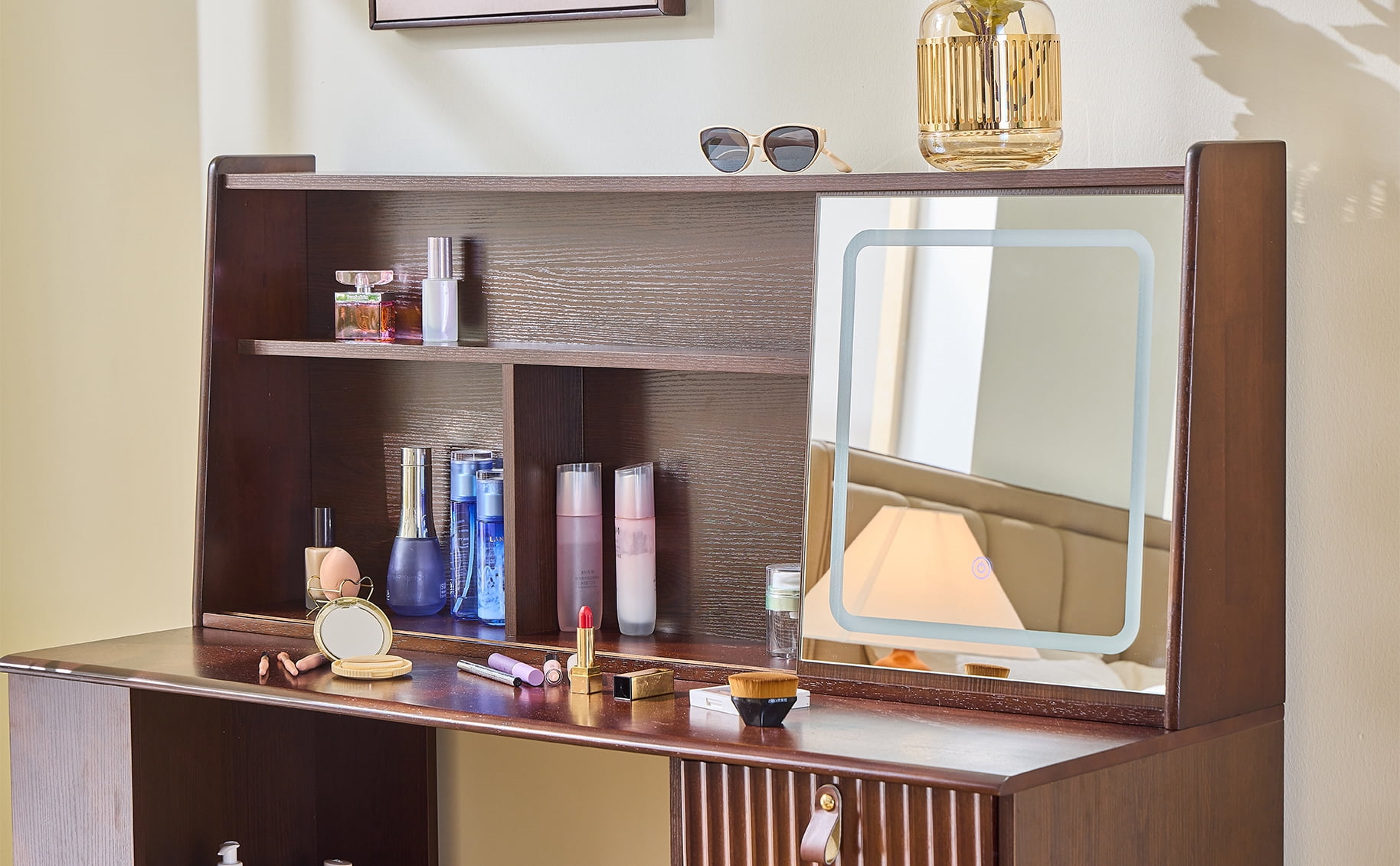 Euroco Modern Walnut Vanity Set with Sliding Touch Mirror & LED Lighting – Fluted Drawer Panel, Ample Storage, Solid Wood Frame, Stool Included