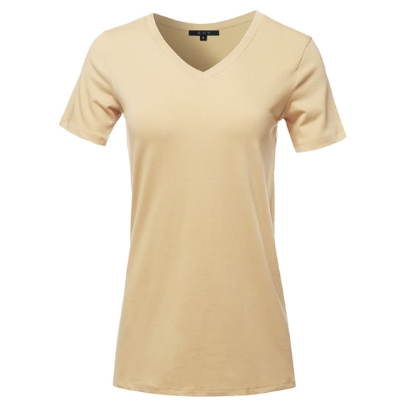 A2Y Women's Basic Solid Premium Cotton Short Sleeve V-neck T Shirt Tee Tops Sand S