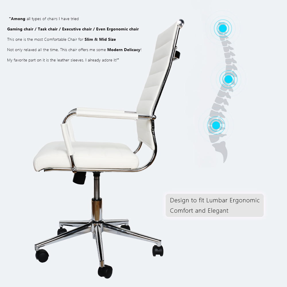 Okeysen Mid-Back Ribbed Home Office Desk Chair Upgraded Seat Ergonomic Leather Conference Room Swivel Chairs Adult, White