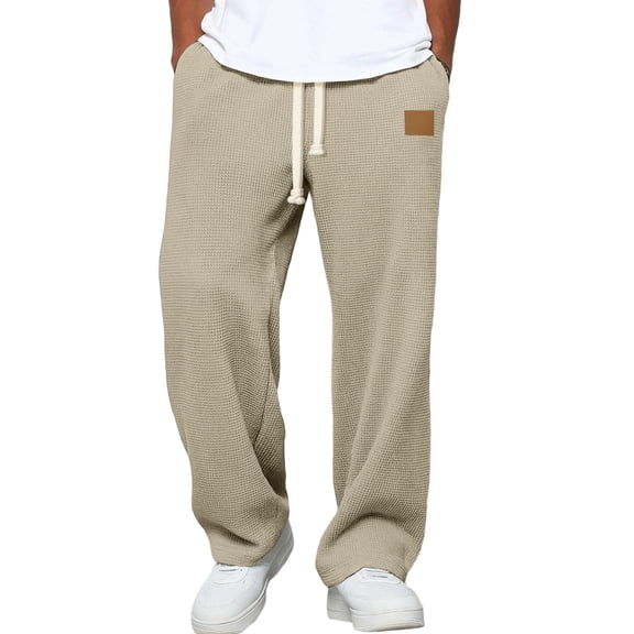 Xyxonk Baggy Waffle Pants for Men Drawstring Wide Leg Casual Pant Lightweight Hiking Sweatpants Fall Winter Textured Elastic Waist Trouser,Khaki 2XL