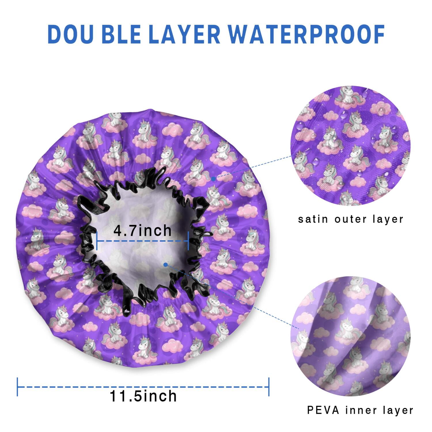 Shower Caps,Purple Cartoon Unicorn Cloud Pattern Waterproof Shower Cap for Women 4 Pieces,Double Reusable Hair Cover for Shower PEVA Elastic Stretch Hem