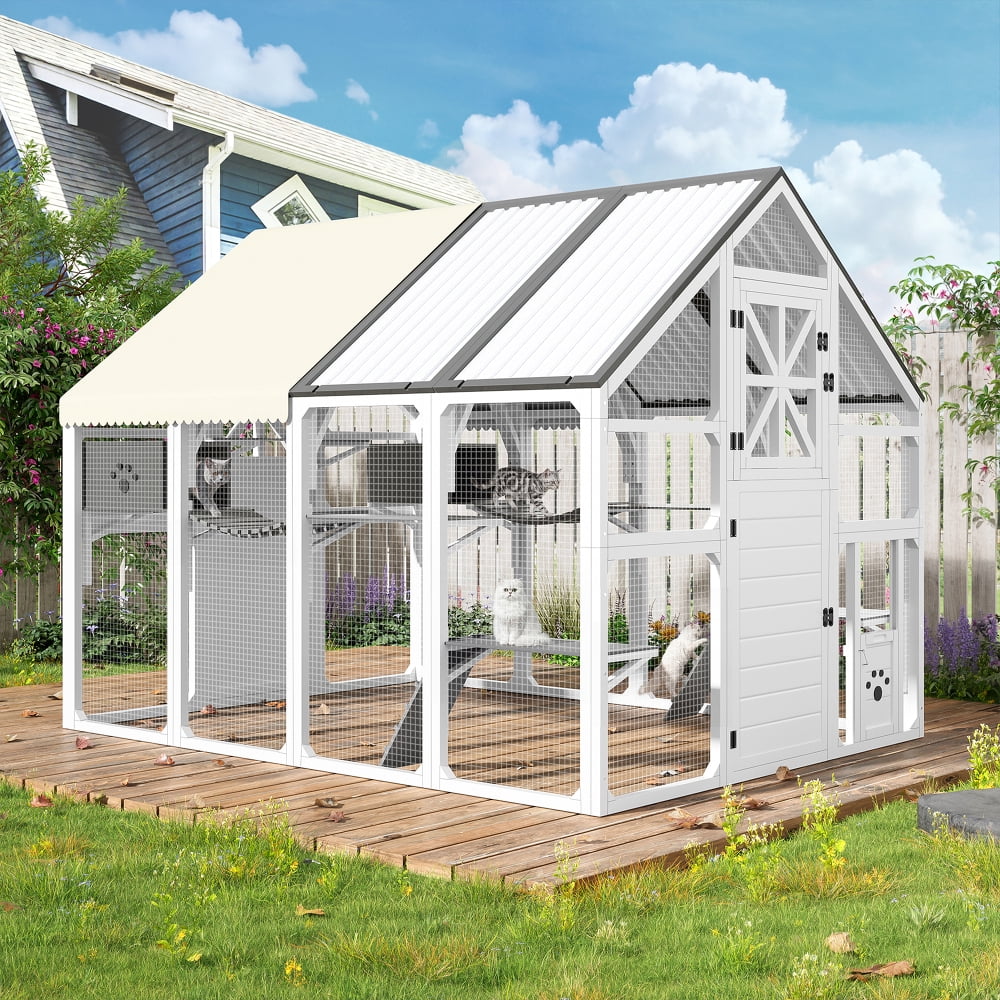 AUU Extra Large Walk-In Catio for Multiple Cats, Outdoor Cat Enclosure with Bridges, PVC Roof, Weatherproof Cover, 8 Platforms, and 2 Resting Boxes