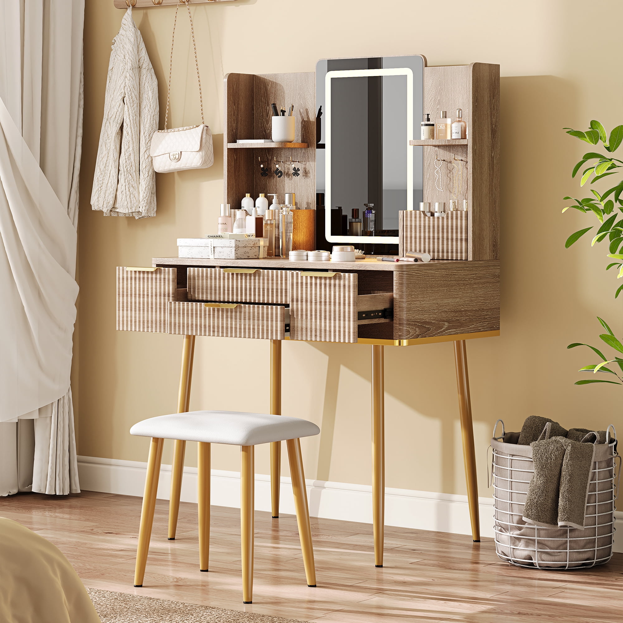 4-Drawer Vanity Desk with LED Mirror and Stool, Fluted Makeup Table with Metal Legs, Yellow Brown