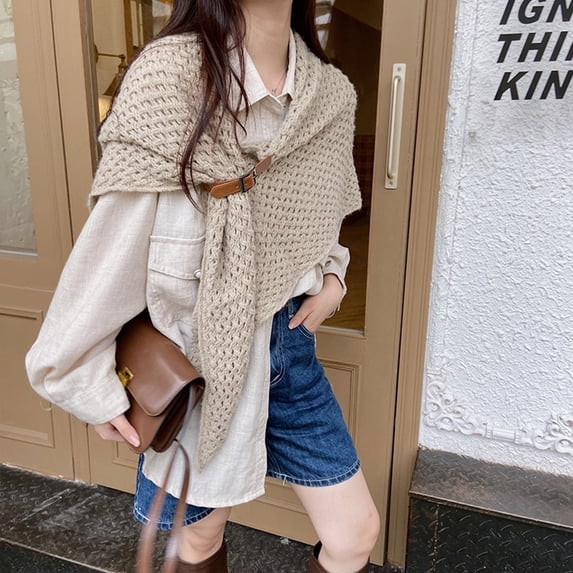Krdevn Women Solid Hollow Knit Triangle Shawl, Fashion Cape Wrap With Leather Buckle For Daily Street Outfit