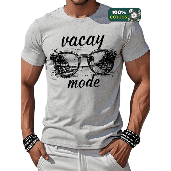 Whichone Men's Full Cotton T-shirt Sunglasses Letter Graphics Short Sleeve Tees for Streetwear L Gray