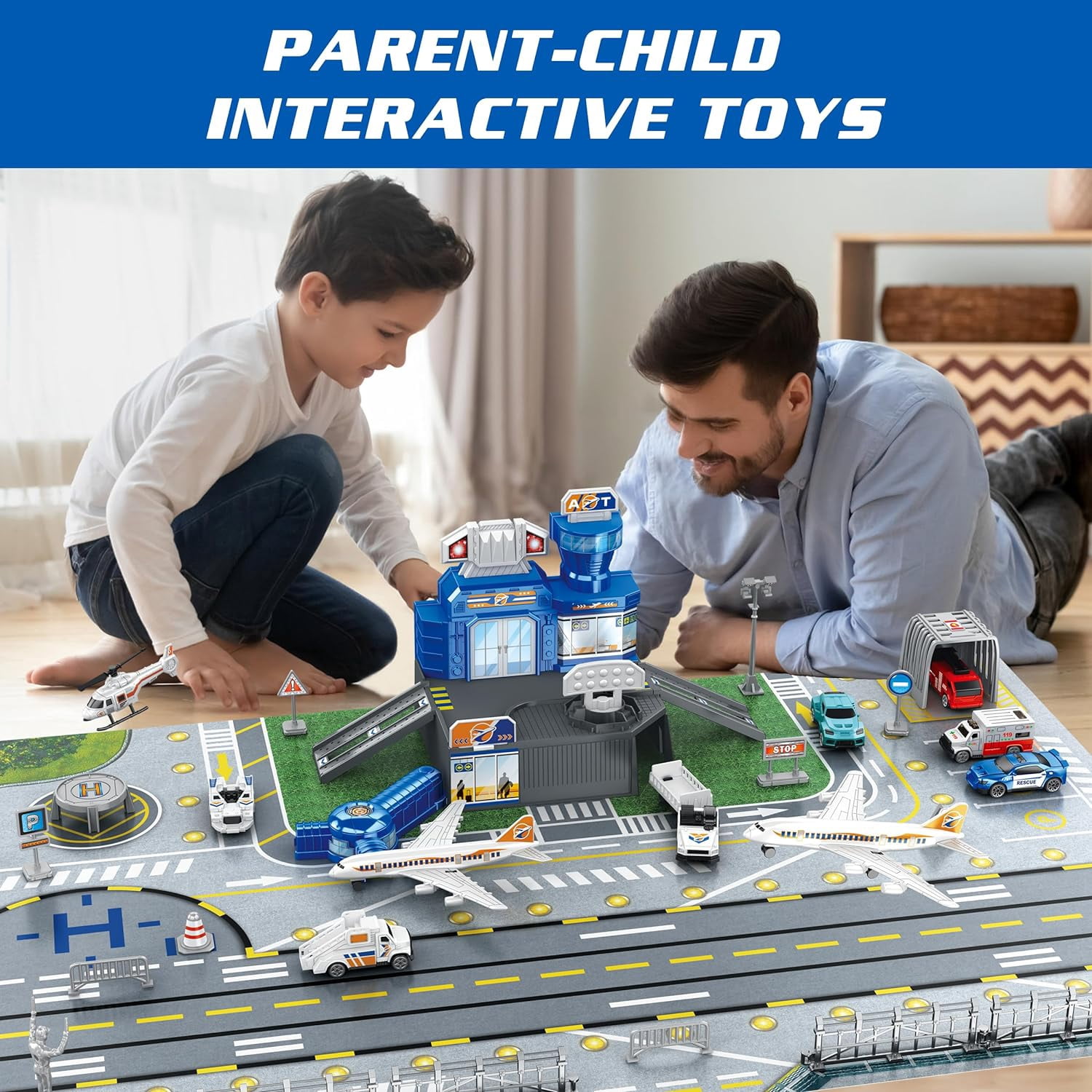 Airplane Toys for Toddlers 2-4, Airplane Toy Set with Trucks Signs and Airport Playmat, Toys for Boys Christmas Birthday Gift