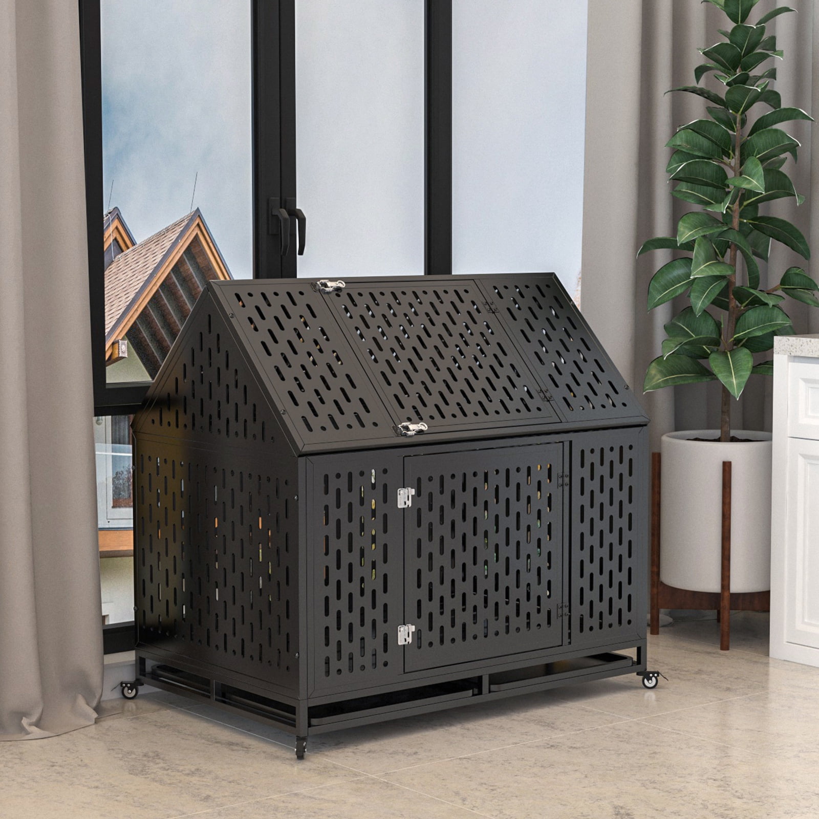 Heavy Duty Dog Crate Dog Cage, 52" Indestructible Metal Dog Kennel Lockable for Medium Large Dogs with Sturdy Door Lock and Removable Trays, Roof Top Access