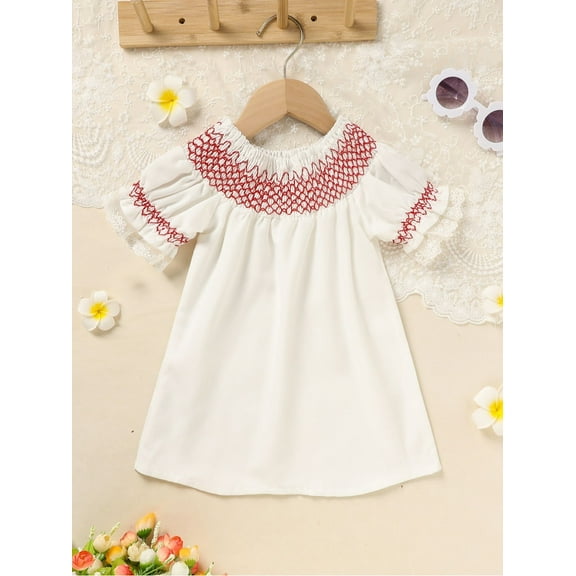 MORTTIC Baby Girl Vintage White Dress, Red Embroidered Floral Design & Lace Sleeves, Charming Toddler Dress for Special Occasions