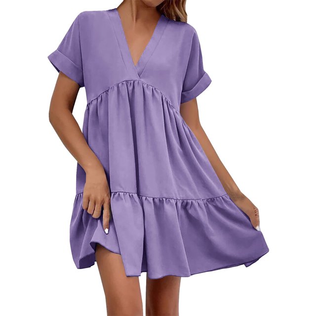 AherBiu Boho Mini Dresses for Women Short Sleeve Deep V Neck Ruched Ruffle Flowy Cute Beach Dress