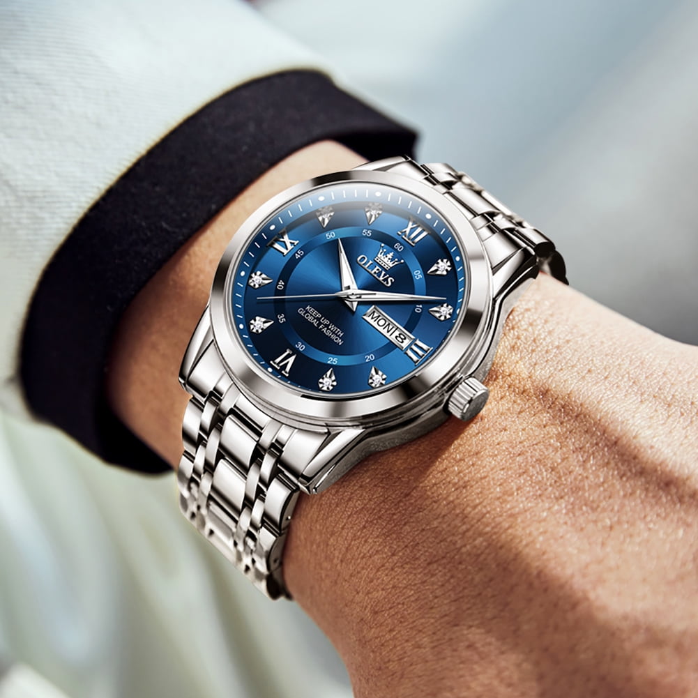 OLEVS Watches For Men Diamond Business Dress Luxury Casual Analog Quartz Stainless Steel Waterproof Luminous Date Men Wrist Watches Reloj Para Hombre Blue Dial