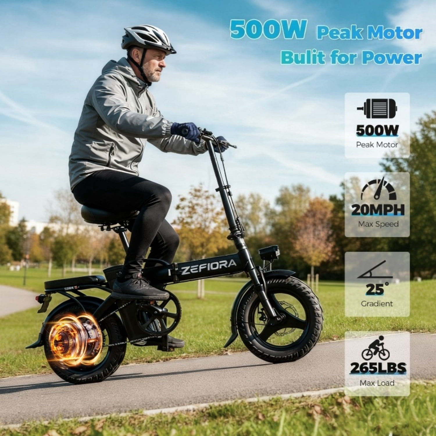 ZEFIORA Folding Electric Bike, 48V 10 Ah Removable Battery, 14" Dual-Seat Mini Electric Bike for Adult City Commuting, UL2849 Certified