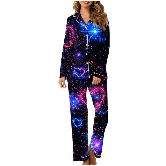 Enjoytime Pajamas Women Heart Print Long Sleeve Button Down Sleepwear Tops and Long Pants 2 Piece Sets Plus Size Fashion Casual Loungewear