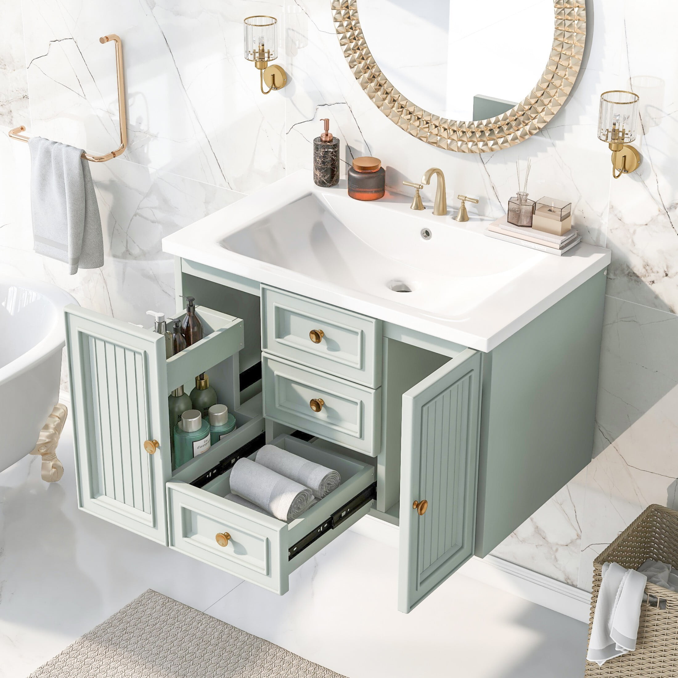 AENKYO 30'' Wall Mounted Bathroom Vanity with Sink, Simple Floating Vanity Cabinet with Drawers, Green