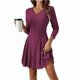 thumbnail image 1 of Vestido Corto de Punto Acanalado de Larga para Mujer, Otoño e Invierno, Cuello en V, Informal, Corte A Rojo L, 1 of 9