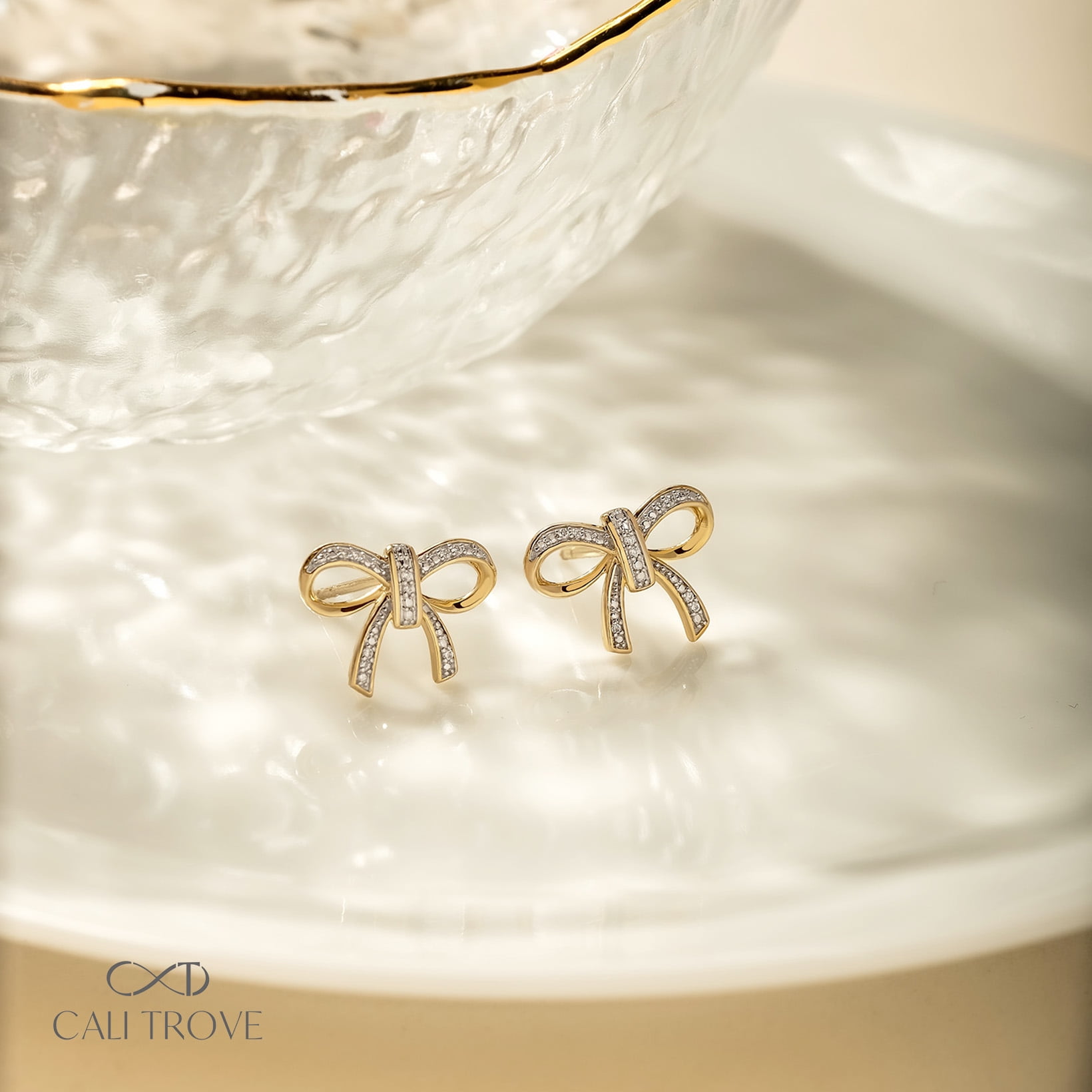 Cali Trove 1/20 Ct Diamond Bow Stud Earring for Women 14K Yellow Gold Vermeil on Sterling Silver