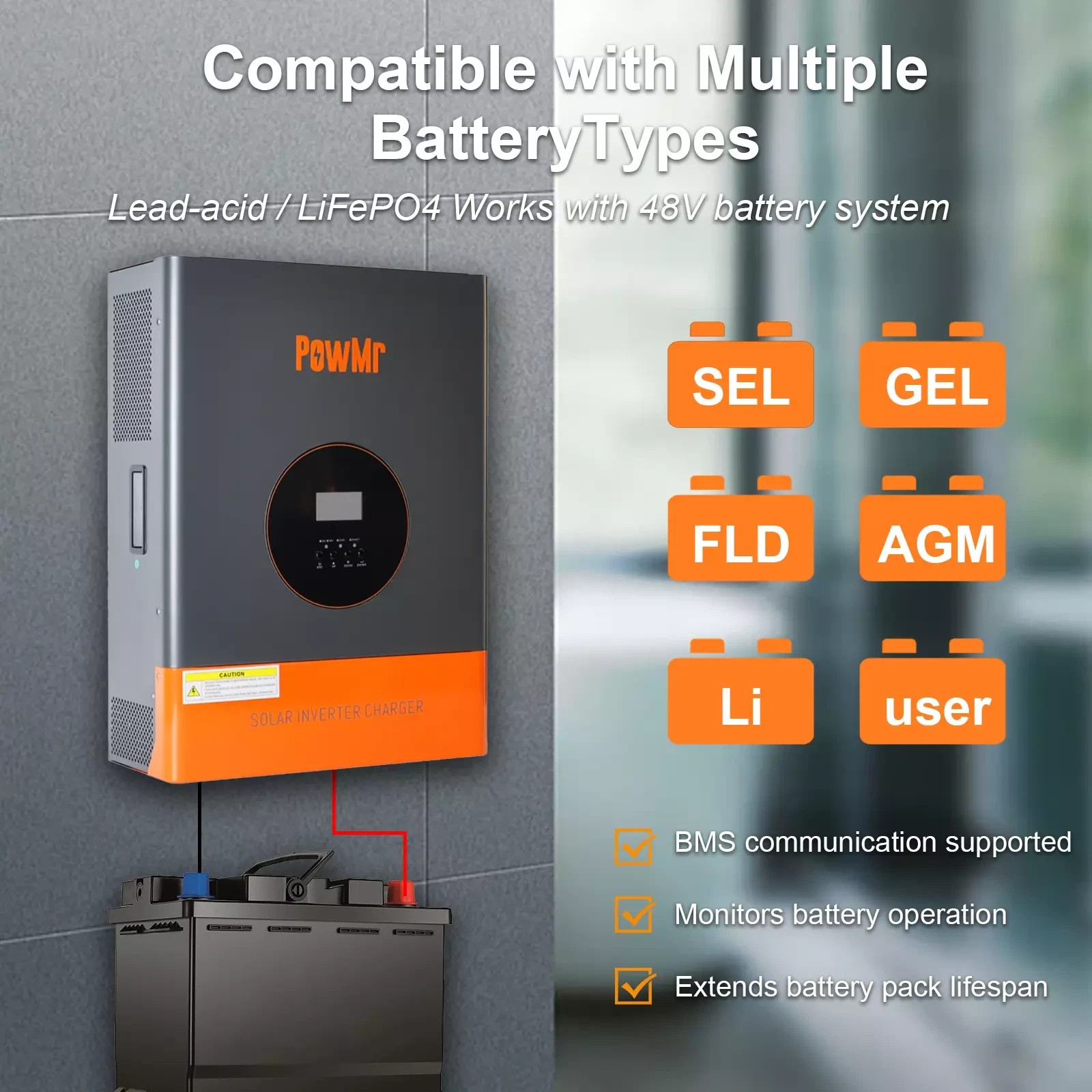 PowMr 5000W 48V Low Frequency Hybrid Solar Inverter 110V 220V Split Phase Off Grid 120A MPPT Controller Max PV 150V LCD Display For Flooded Lead-acid Vented Sealed Gel NiCd Lithium Battery
