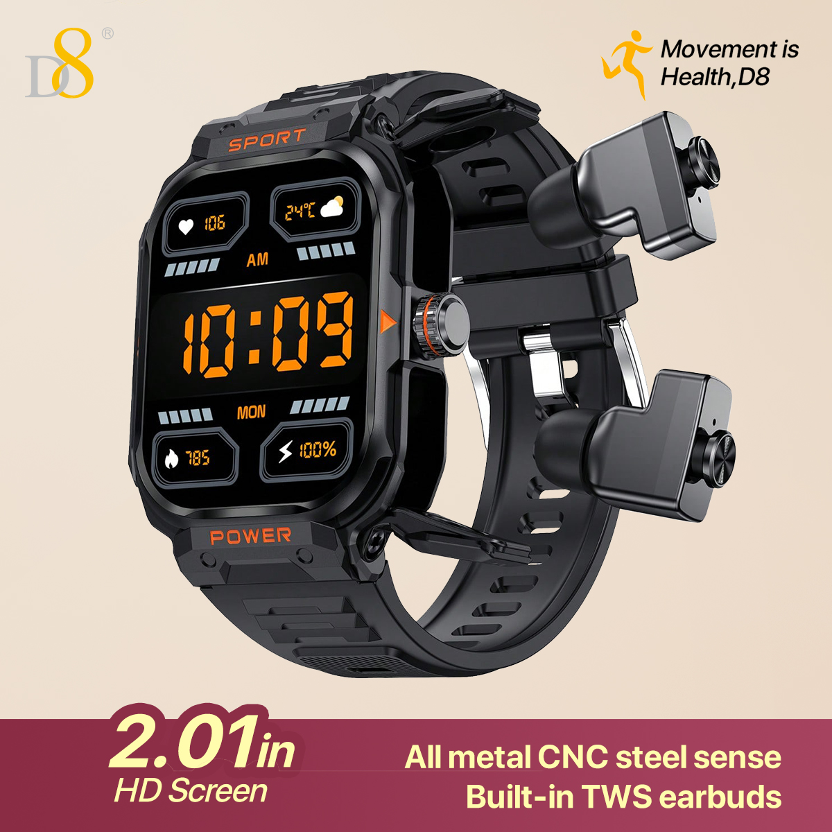 D8 2in1 TWS earbuds smartwatch, built-in headset (receiving/making calls),for Android and iOS smartwatch for mobile phones, large 2.01'IPS display, all metal CNCsteel sense,extra long standby
