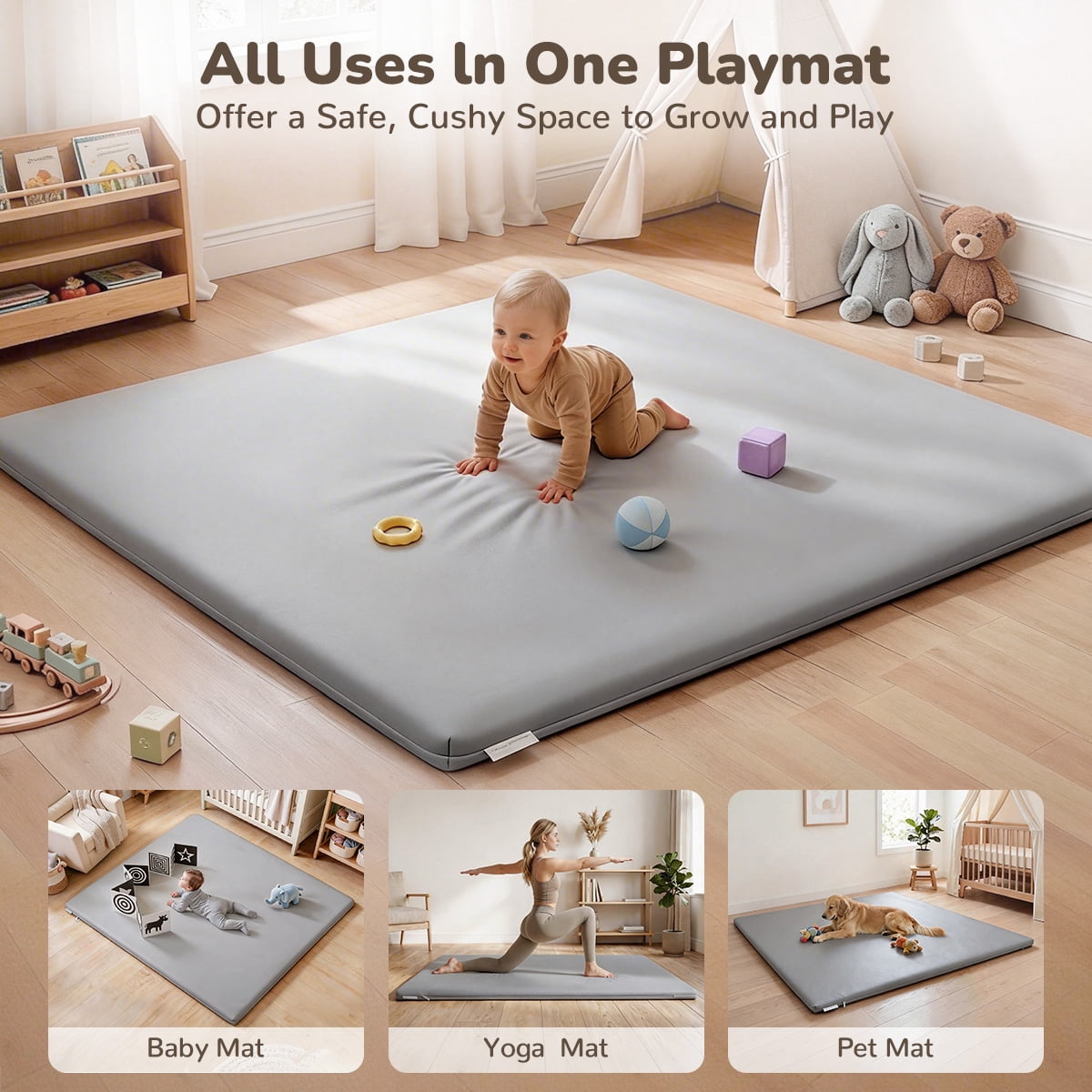 Baby Play Mat, Caveen Vegan Leather Baby Floor Mat Playpen Mat, Thicken Soft Crawling Mat for Infant, Wipe-Clean, 50"x 50", Gray