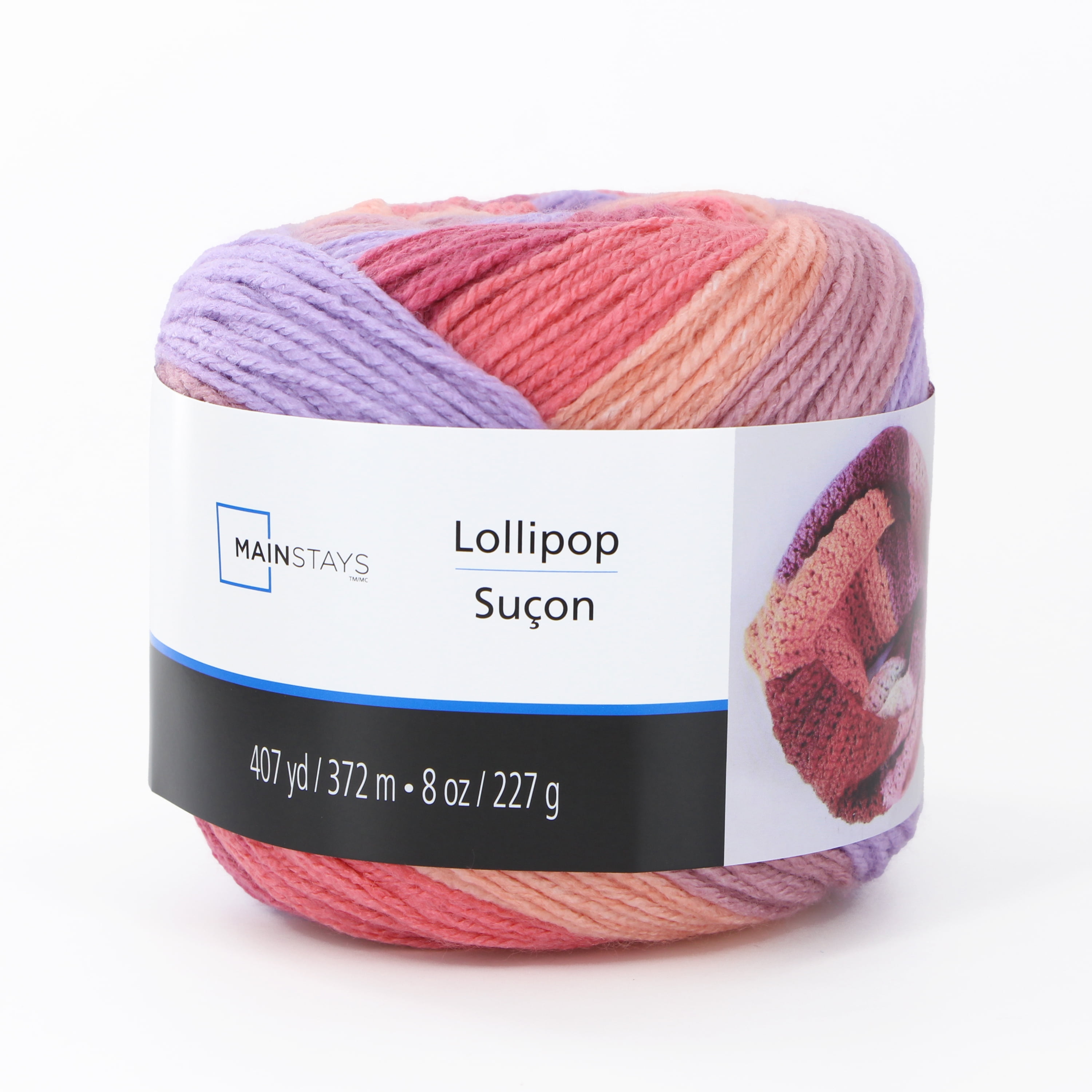 MAINSTAYS Lollipop Yarn – Pink Variegated, #4 Medium Acrylic, 227 g/372 m