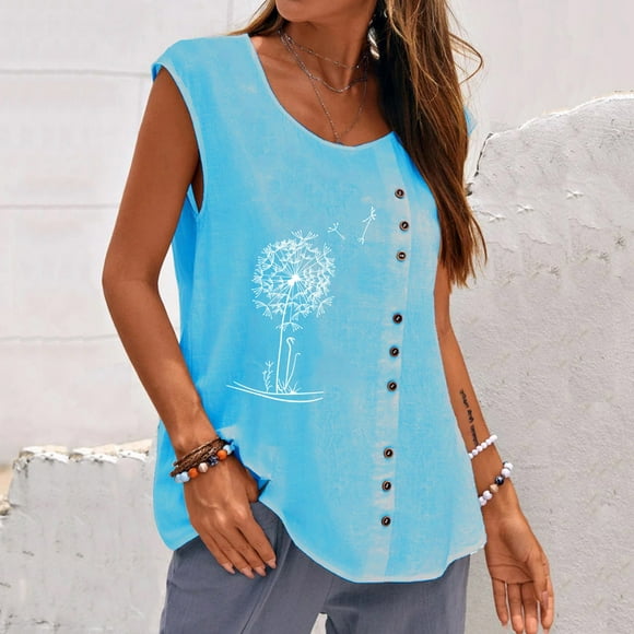 SMihono Womens Tops Womens Tank Top Women Summer Casual Sleeveless Button Vest Round Neck Loose Blouse Active Top Women Tank Tops for Women Womens Summer Tops