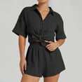 thumbnail image 5 of Riforla Women's Vacation Fashion Casual Suit Solid Color Summer Shorts and Shirt Top Two Piece Sets Lapel Single Shirt Sexy Slim Suits Sets for Women 2 Pieces Black M, 5 of 8