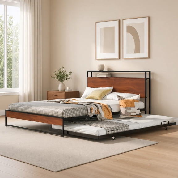 Queen Size Metal Platform Bed Frame with Trundle, USB Charging Station & Slat Support, Sturdy Steel Frame with Side Shelves, Space-Saving Guest Bed with Pull-Out Trundle, No Box Spring Needed, Black