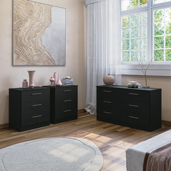 Kappesberg Foster 3-Piece Bedroom Set, One 6-Drawer Dresser & Two 3-Drawer Tall Chest, in Black, for Adults and Teens