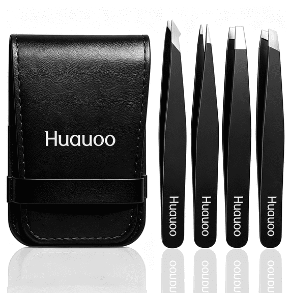 4 Pcs Tweezers Set, Stainless Steel Hair Removal Makeup Tool, Gift, Black