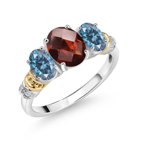 Gem Stone King 925 Sterling Silver and 10K Yellow Gold Oval Red Garnet Persian Blue Moissanite and White Diamond 3 Stone Ring for Women (2.46 Cttw, Gemstone January Birthstone, Size 6)