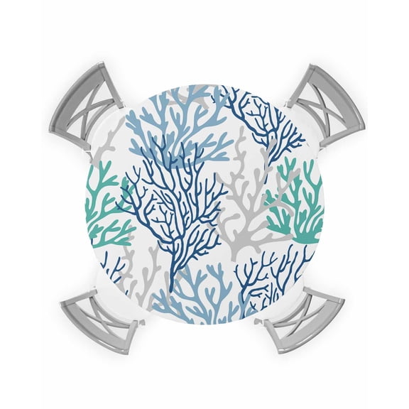nqOlkjepod Blue Teal Grey Coral Coastal Round Tablecloth, Fitted Table Cover with Elastic for 45"-54" Round Tables, Summer Beach Nautical Ocean Table Cloth Dinning Party Waterproof Tablecloths