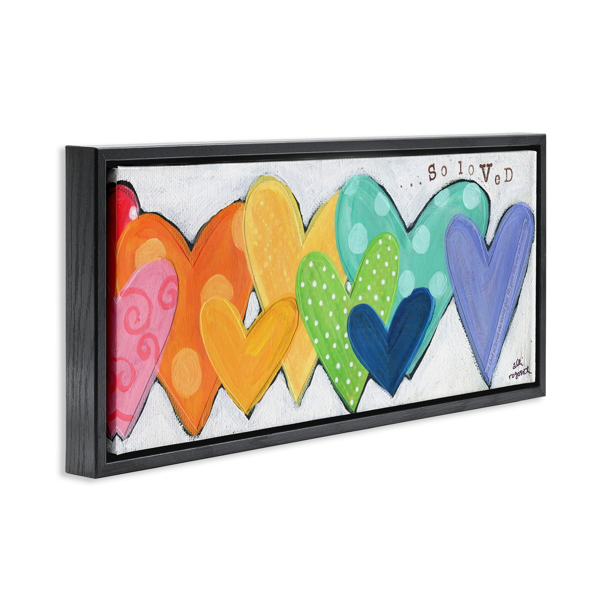 Stupell Industries Patterned Hearts So Loved Typography Painting Black Floater Framed Canvas Art Print Wall Art, 25 x 11