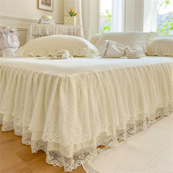Double Layers Lace Ruffle Skirt Bedspread Sheet - French Style Brushed Microfiber Bed Sheet with Frilled Hem