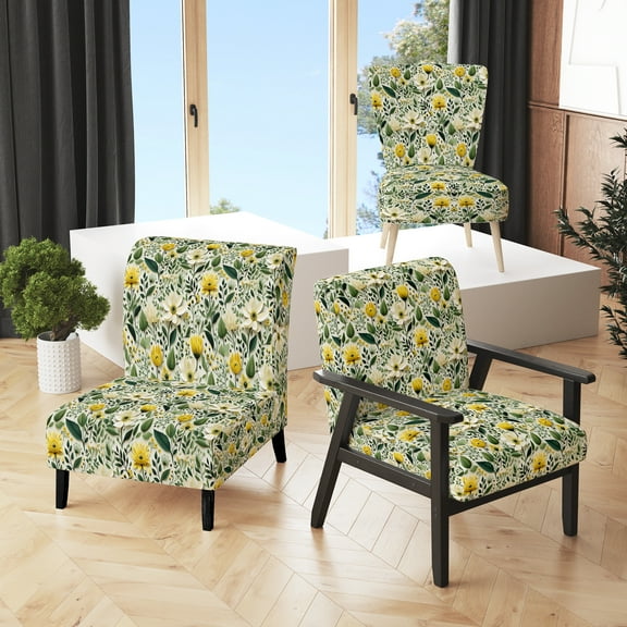 Designart "Botanical Greenery In Meadow Hues" Green Botanical Upholstered Accent Chair - Bohemian & Eclectic Arm Chair For Bedroom
